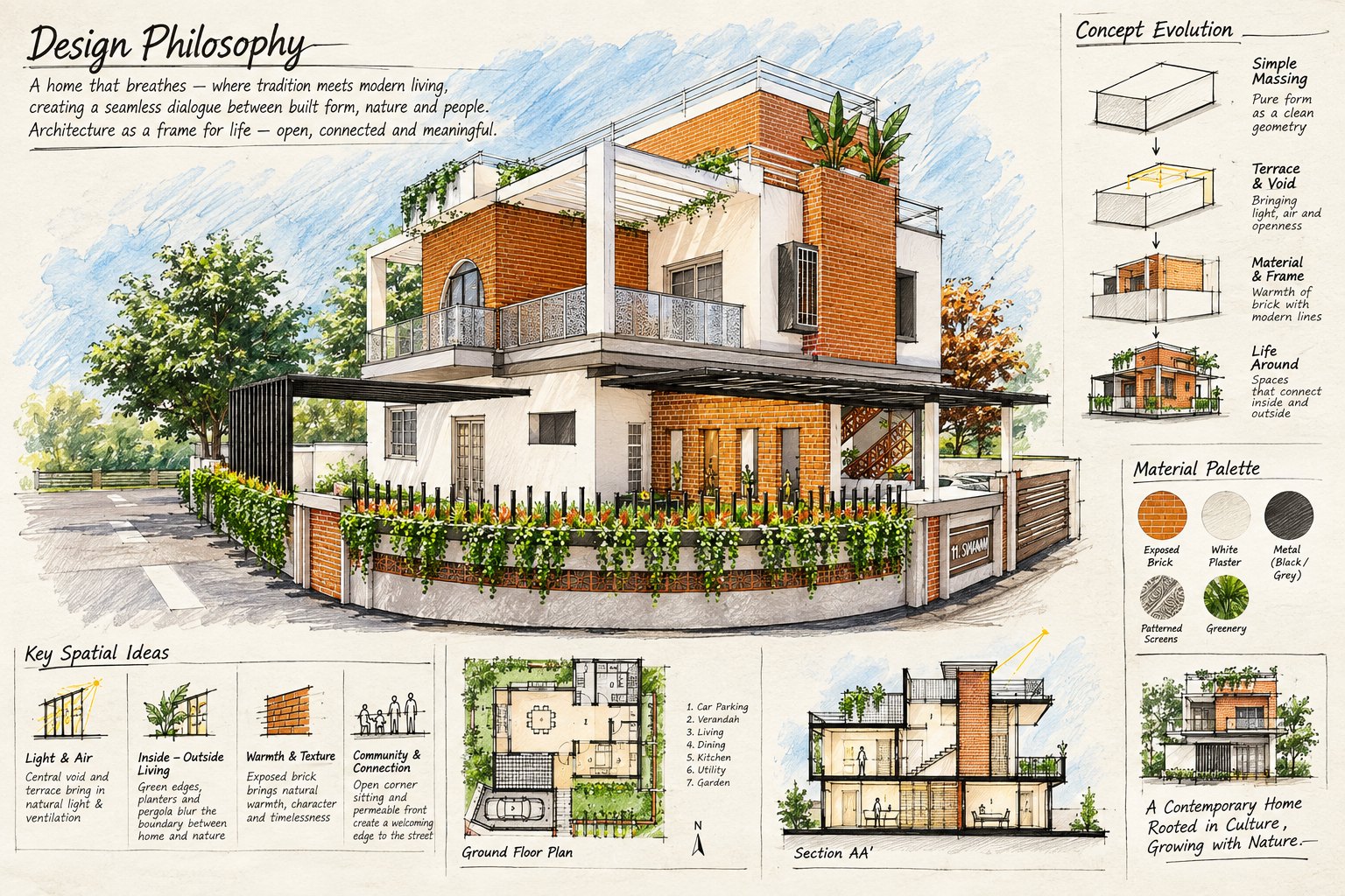 A Home That Breathes — Design board — concept evolution, plan and section AA'