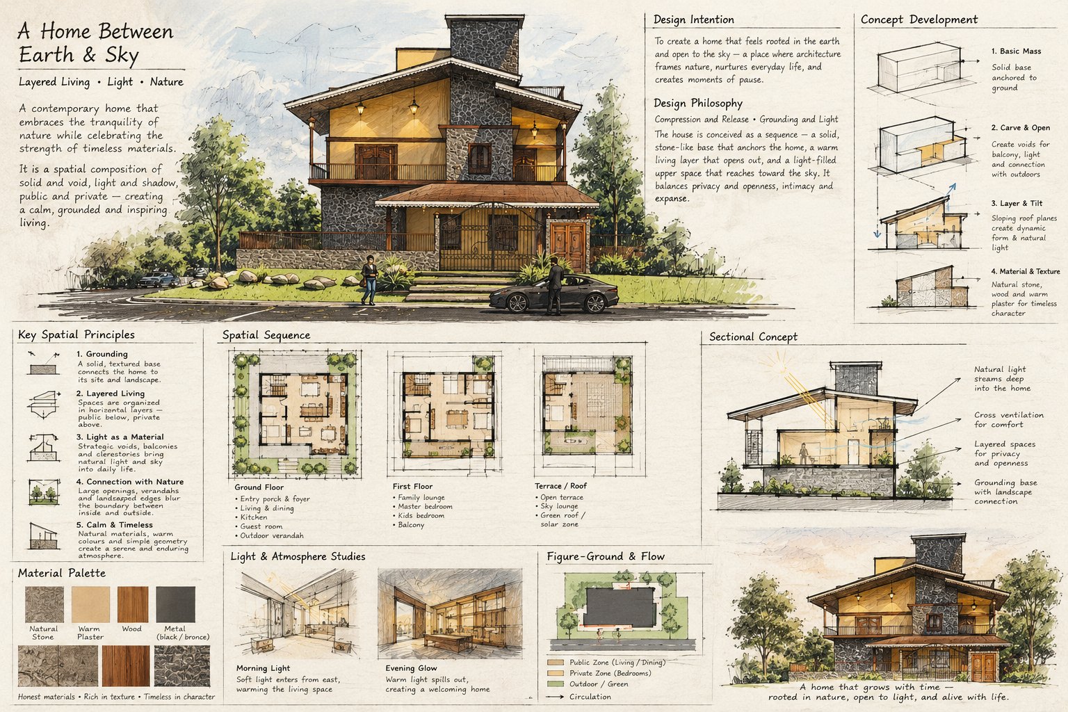 A Home Between Earth & Sky — Design board — spatial sequence, sectional concept, light studies