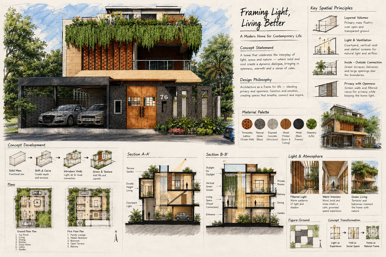 Framing Light, Living Better — Design board — plans, sections A-A' and B-B', light & atmosphere