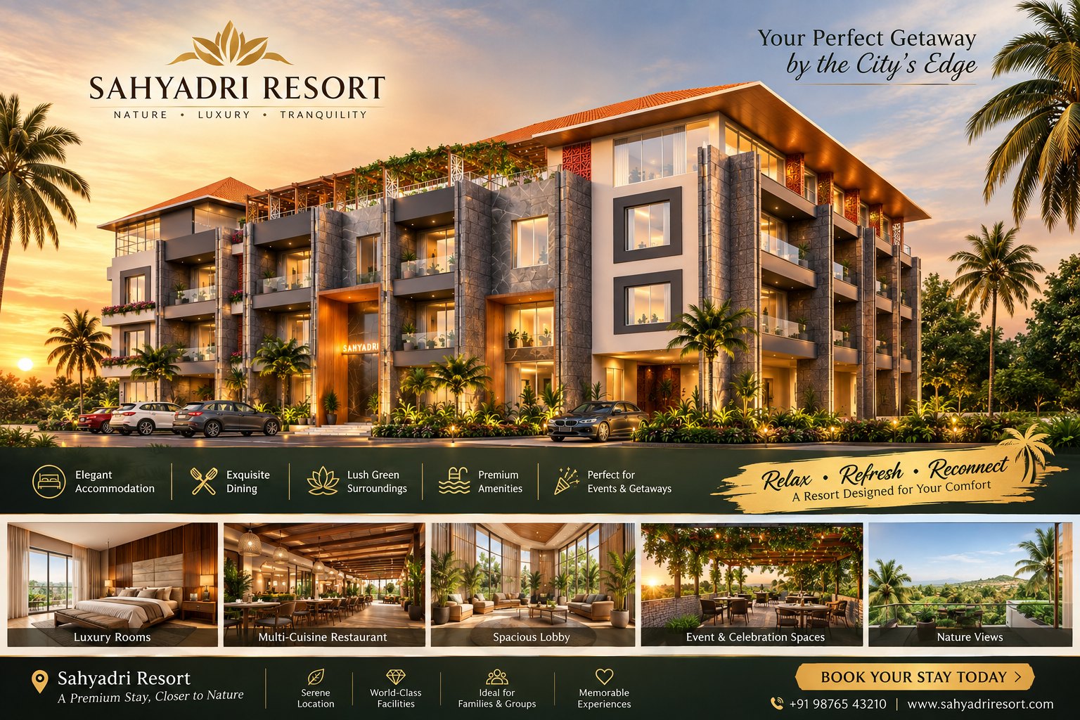 Sahyadri Resort — Presentation board — rooms, dining, lobby, events and views